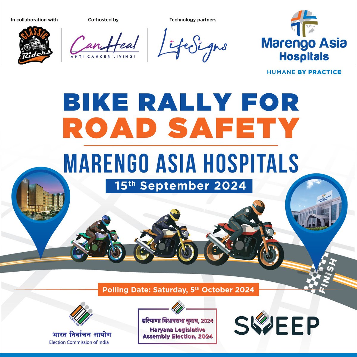 DC Gurugram (@dc_gurugram) on Twitter photo 🚴♂️ Join the Bike Rally for Road Safety! 🚴♀️
🗓️ Date: 15th September 2024
📍 Starting Point: Marengo Asia Hospitals, Gurugram
🏁 Destination: Faridabad
Let’s ride together to raise awareness about road safety! Your participation can make a difference. 🛣️
📢 Reminder:
🗳️ 🚴♂️ Join the Bike Rally for Road Safety! 🚴♀️
🗓️ Date: 15th September 2024
📍 Starting Point: Marengo Asia Hospitals, Gurugram
🏁 Destination: Faridabad
Let’s ride together to raise awareness about road safety! Your participation can make a difference. 🛣️
📢 Reminder:
🗳️