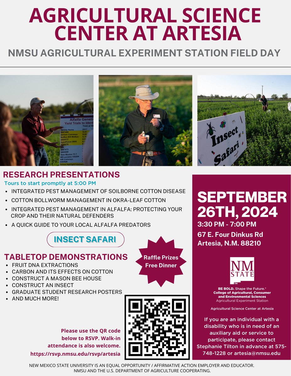 On September 26th the Agricultural Science Center at Artesia will host their annual field day! Join us for a fun day with tabletop demonstrations, research presentations, graduate student posters, an insect safari, and much more! This is a free and open to the public event.