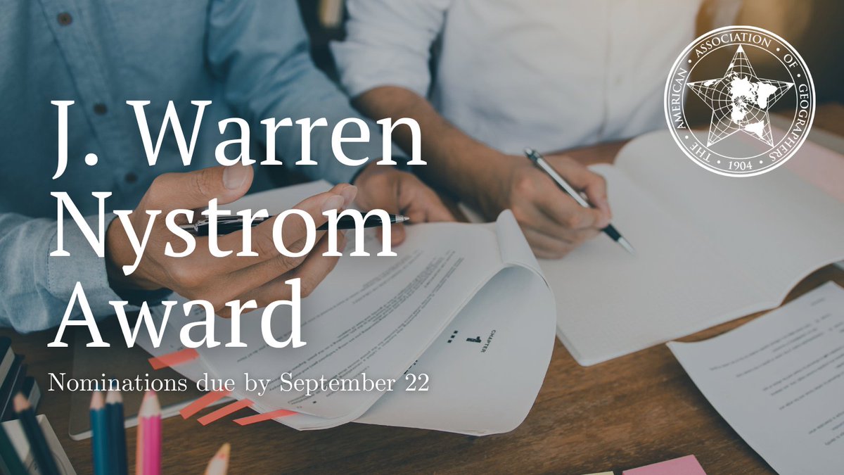 Less than 10 days left to apply: We’re seeking paper submissions for the AAG Nystrom Award, based on a recent geography Ph.D. dissertation, by Sep. 22. Finalists will present their papers at #AAG2025 March 24-28, 2025. 

Learn more, submit, and share: bit.ly/3O1rXni