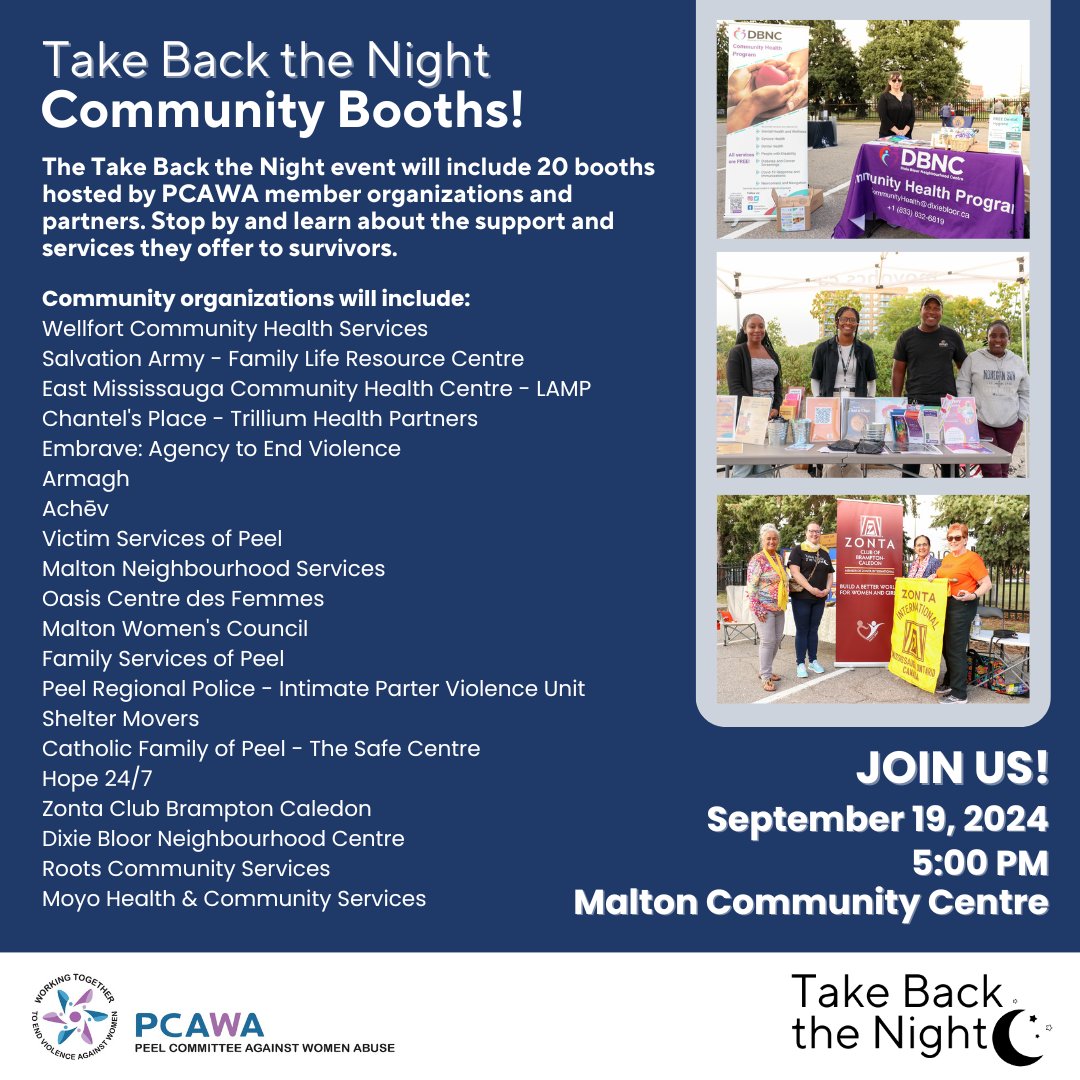 Take Back the Night is less than one week away! 

We have 20 PCAWA member organization and community partners who will be hosting a community booth at the event! 

Join us on Thursday September 19th at 5:00 PM at Malton Community Centre