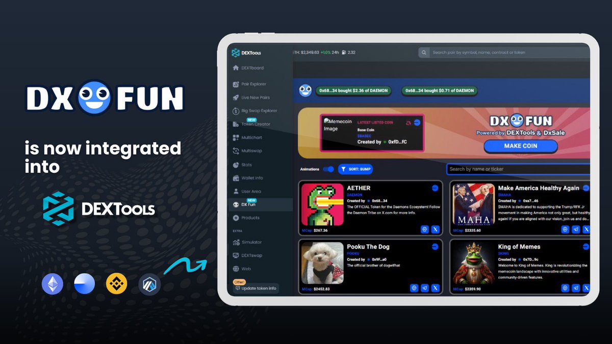 DEXToolsApp's tweet image. We are delighted to announce that @dxdotfun is now integrated into DEXTools! 🚀

👉 dextools.io/app/en/ether/d…

💎 With DX.fun, you can create tokens on Ethereum, Base, BSC and Arbitrum at an incredibly low cost. It takes less than $1 to create a token, making it…