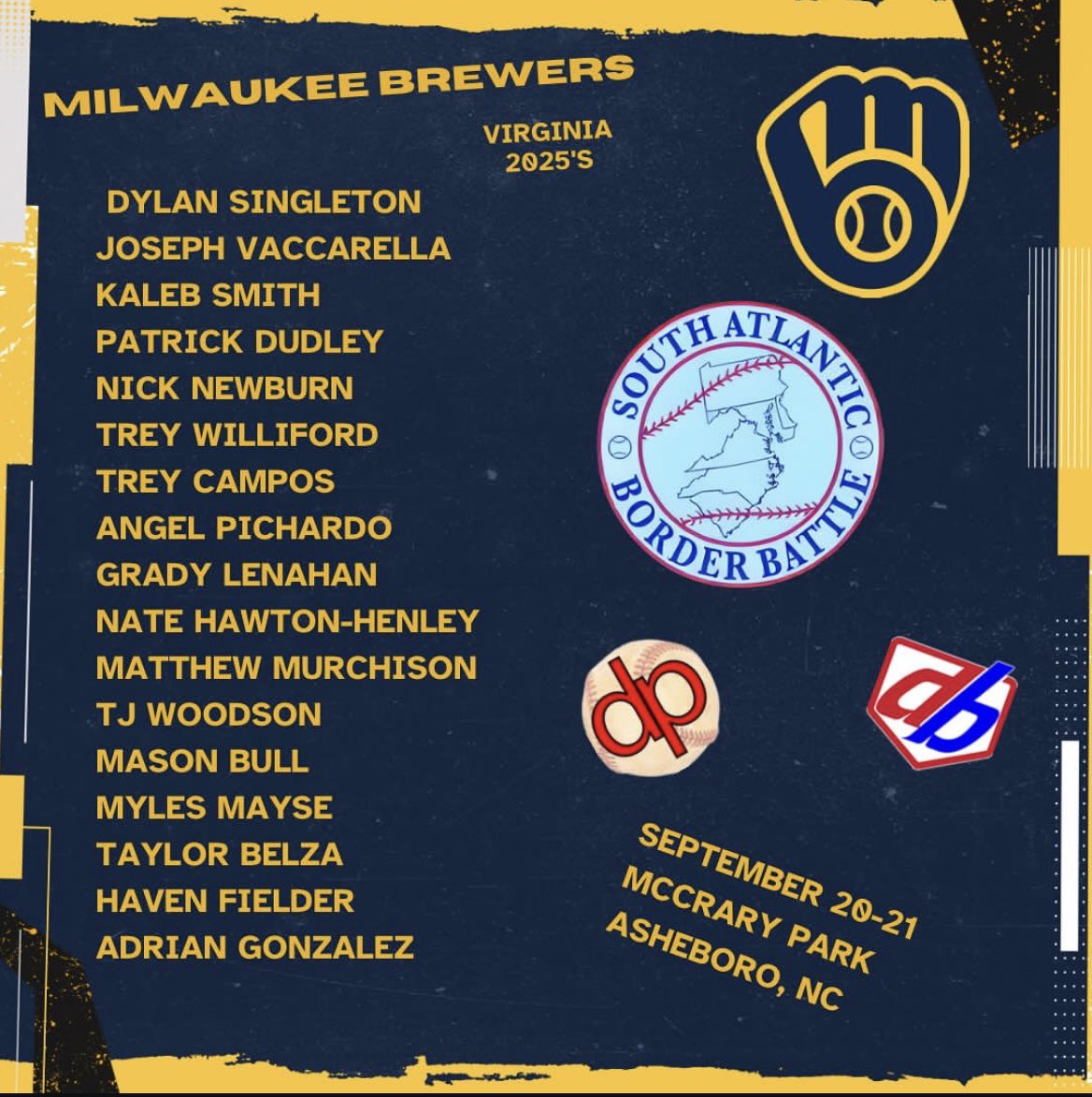 Rounding out the 2025 roster is the boys from Virginia!

Milwaukee Brewers (Virginia 2025)

September 21-22
McCrary Park
Asheboro, NC

#sabb