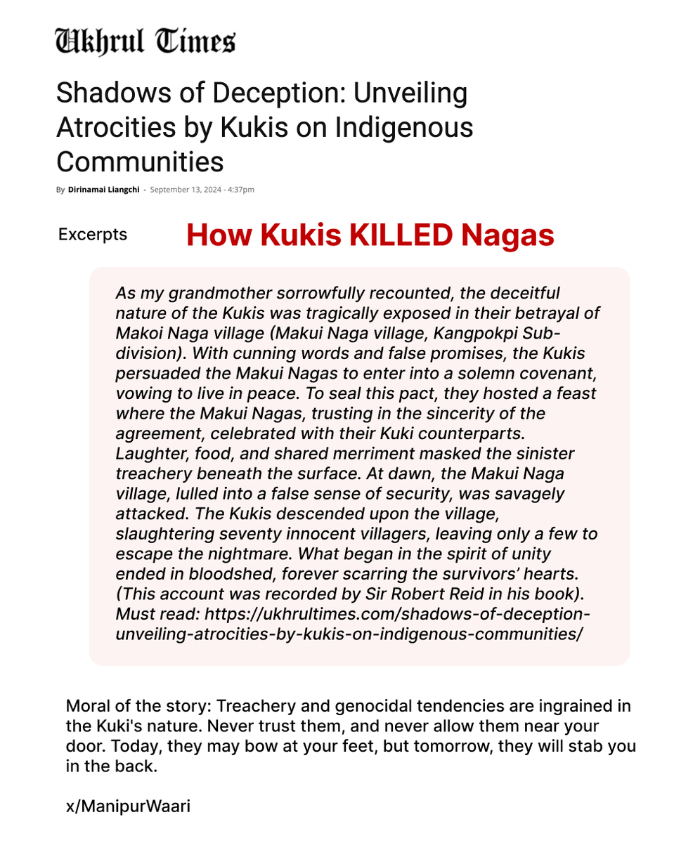 Here comes the story of how Kukis k++l*d Nagas in #Manipur after giving them all kinds of help.

#KukiNarcoTerrorists