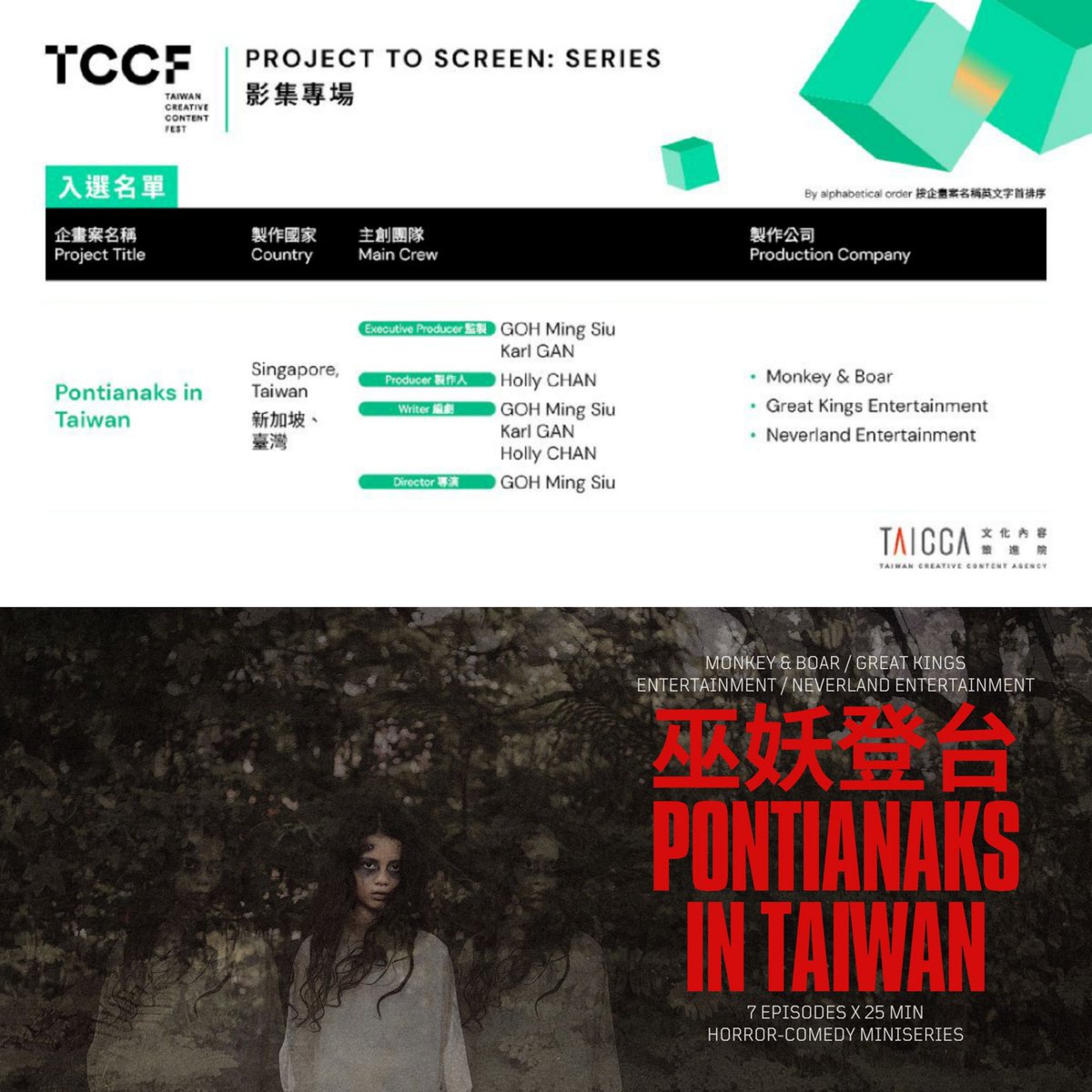 Repossession: The Film (@repossessionsg) on Twitter photo We're honoured that #MonkeyAndBoar project #PontianaksInTaiwan #巫妖登台 is selected for the 2024 #TCCF Pitching Conference in Nov!
created by <a href="/gohmingsiu/">Goʜ Ming Siu</a> <a href="/scottchillyard/">Scott C. Hillyard</a>
Looking forward to working with our partners <a href="/karlgan/">Karl Gan</a> & Holly!
#miniseries #horrorcomedy #pontianak #taiwan We're honoured that #MonkeyAndBoar project #PontianaksInTaiwan #巫妖登台 is selected for the 2024 #TCCF Pitching Conference in Nov!
created by <a href="/gohmingsiu/">Goʜ Ming Siu</a> <a href="/scottchillyard/">Scott C. Hillyard</a>
Looking forward to working with our partners <a href="/karlgan/">Karl Gan</a> & Holly!
#miniseries #horrorcomedy #pontianak #taiwan