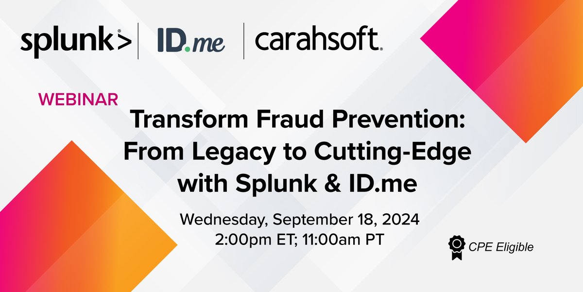 Carahsoft's tweet image. Ready to transform #pensionprogram security? Learn how @SplunkGov &amp;amp; @IDme’s solutions can balance strong #security with seamless #userexperiences on 9/18: carah.io/06f194