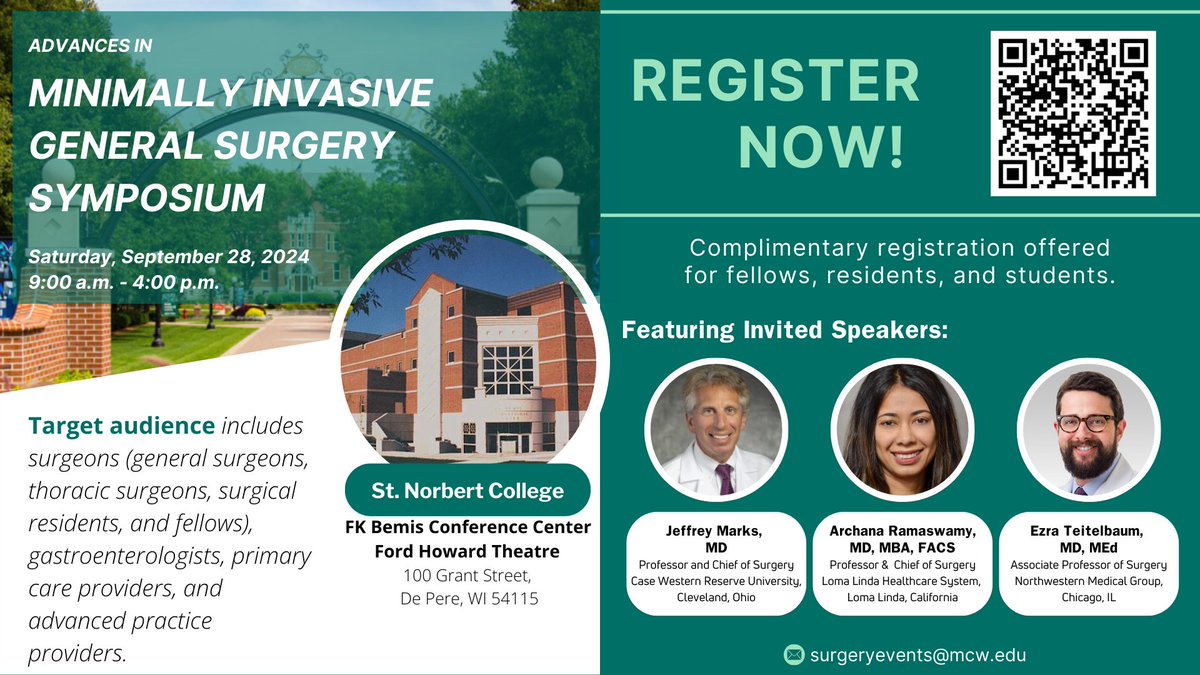 MCW Surgery (@mcwsurgery) on Twitter photo 📣Register Now!📣 <a href="/MedicalCollege/">Medical College of Wisconsin</a> Dept. of Surgery 2024 <a href="/MCWMIGS/">MCWMIGS</a> Symposium will be held on Sat. 9/28/24! The symposium will feature Jeffrey Marks, MD, Archana Ramaswamy, MD, MBA, FACS, and <a href="/EzraTeitelbaum/">Ezra Teitelbaum</a>! Scan the QR code to register! <a href="/joncgould/">Jon Gould</a> <a href="/goldblattmatt/">Matthew Goldblatt</a> #LeadingTheWay 📣Register Now!📣 <a href="/MedicalCollege/">Medical College of Wisconsin</a> Dept. of Surgery 2024 <a href="/MCWMIGS/">MCWMIGS</a> Symposium will be held on Sat. 9/28/24! The symposium will feature Jeffrey Marks, MD, Archana Ramaswamy, MD, MBA, FACS, and <a href="/EzraTeitelbaum/">Ezra Teitelbaum</a>! Scan the QR code to register! <a href="/joncgould/">Jon Gould</a> <a href="/goldblattmatt/">Matthew Goldblatt</a> #LeadingTheWay