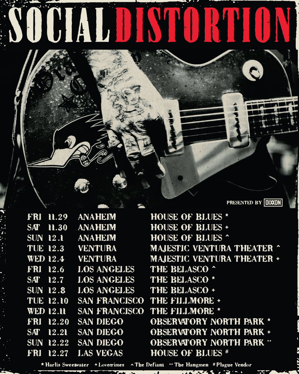 Tickets for the West Coast Holiday Tour are now on sale 💀🍸

Purchase your tickets early as we’ve become a ticket scalper commodity. Official ticket links only exist via SocialDistortion.com