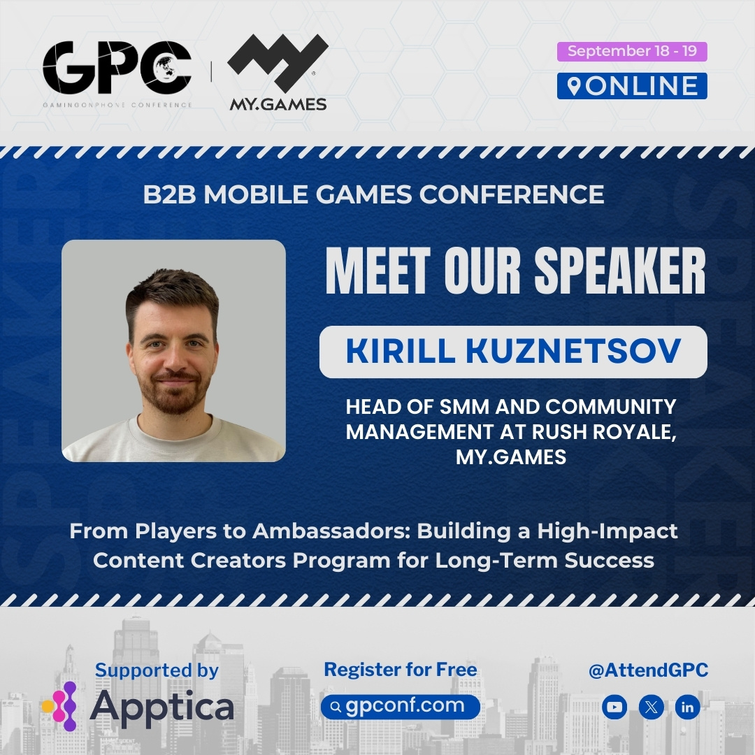 Meet the speakers of GPC Online, supported by <a href="/Apptica_com/">Apptica.com</a> 📢 
 
🎙️ Kirill Kuznetsov, Head of SMM &amp; Community Management at <a href="/MYGAMES/">MY.GAMES</a> 
 
Kirill heads SMM at <a href="/RushRoyaleTD/">RushRoyale</a> , has 10+ years in digital marketing, led major campaigns, and achieved 83M installs and $300M revenue.
