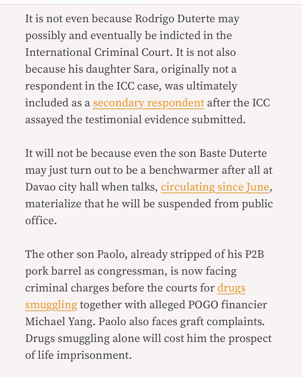 So, according to this article of <a href="/AntonMonta2/">Antonio J. Montalván II</a>, the following things are happening to the Dutertes: (1) Digong being hailed to ICC (2) SWOH  as secondary respondent to ICC, plus possible impeachment (&amp; let’s add the still un-appealed COA disallowances) (3) possible suspension of