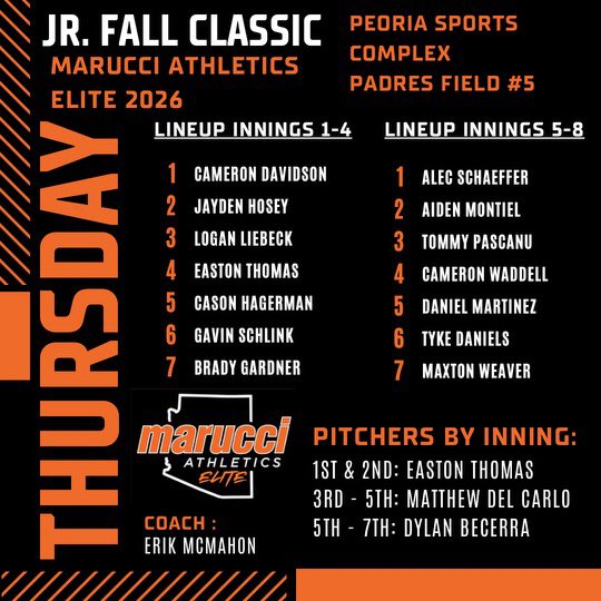 Thursday Lineup for the Junior Fall Classic in AZ with Marucci Athletics Elite 2026 and <a href="/EMcMahon29/">Erik McMahon</a>. Game starts a 4 pm