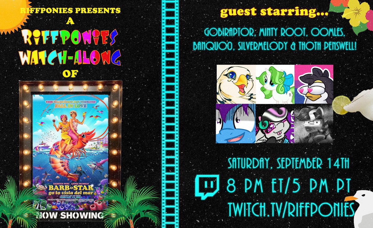 RiffPonies (@riffponies) on Twitter photo ☀️IT'S A RIFFPONIES BEACH PARTY!🏖️
Join US+<a href="/Gobiraptor/">Gobiraptor</a> <a href="/Minty_Root/">Minty Root</a> <a href="/OomlesArt/">Oomles @ EFNW, AFC! (🦋)</a> <a href="/Banquo05/">Banquo0</a> & <a href="/DMelodybutt/">SilverMelody 🔜 EFNW🌲</a> as we send-off Summer with🎆A BANG🎆- and one of ✨THE FUNNIEST FILMS of the decade!✨
It's a WATCH-ALONG of🏖️BARB & STAR GO TO VISTA DEL MAR (2021)!🌴
🍹TOMORROW @ 8PM ET!🧉 ☀️IT'S A RIFFPONIES BEACH PARTY!🏖️
Join US+<a href="/Gobiraptor/">Gobiraptor</a> <a href="/Minty_Root/">Minty Root</a> <a href="/OomlesArt/">Oomles @ EFNW, AFC! (🦋)</a> <a href="/Banquo05/">Banquo0</a> & <a href="/DMelodybutt/">SilverMelody 🔜 EFNW🌲</a> as we send-off Summer with🎆A BANG🎆- and one of ✨THE FUNNIEST FILMS of the decade!✨
It's a WATCH-ALONG of🏖️BARB & STAR GO TO VISTA DEL MAR (2021)!🌴
🍹TOMORROW @ 8PM ET!🧉
