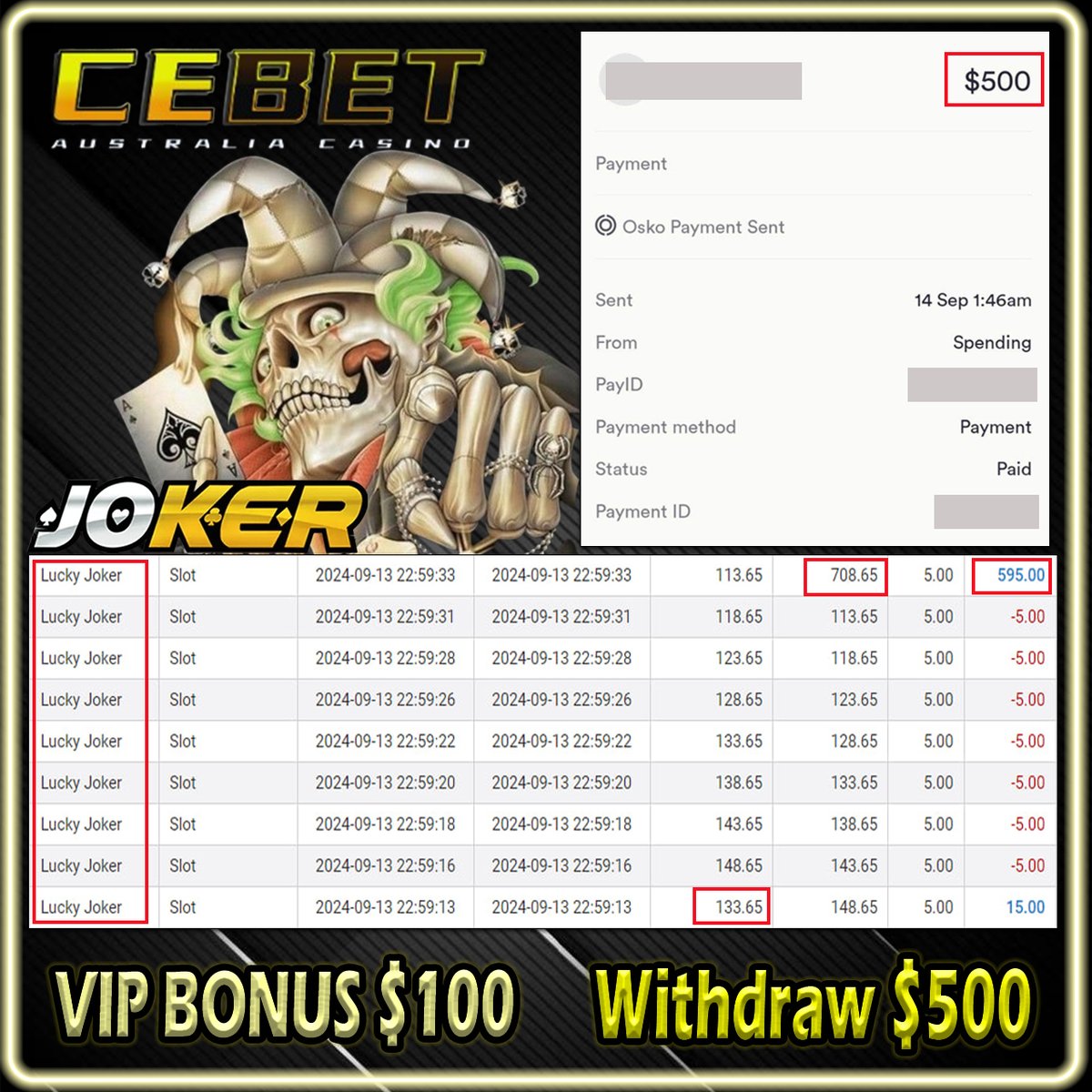 CEBETCS's tweet photo. 🇦🇺👑ℂ𝔼𝔹𝔼𝕋👑Congrats to our Dear member WITHDRAW $500.00‼️   🤙🏻Contact Us >https://t.co/fNnDtAkg9V  #pokies #Australia #casino #onlinecasino #trustedcompany #slot #poker #freegames #freecredit #welcomebonus #freespins #918kiss #pussy888 #mega888 #evo888 #VIPBonus #joker123 https://t.co/gZzQwfEu5X