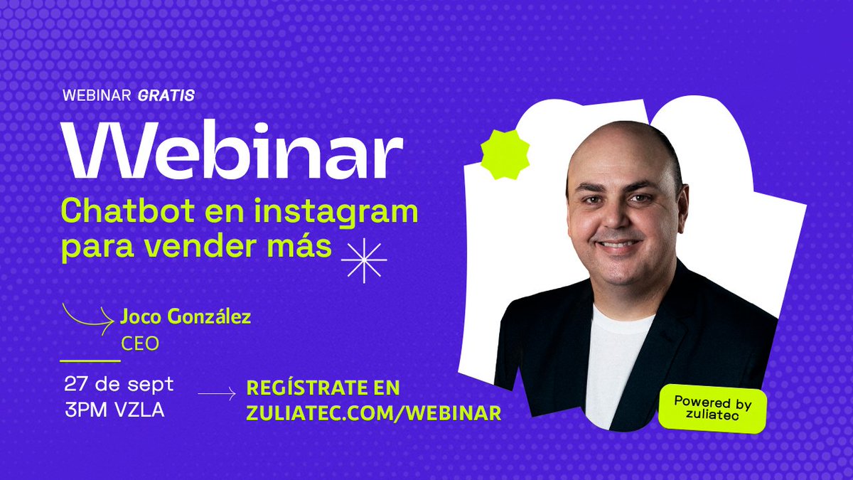 Convierten tu Instagram en una máquina de ventas que trabaja para ti 24/7. 🎯 
 
No te pierdas este webinar GRATUITO para aprovechar todo el poder de los chatbots y vender más.
 
Este 27 de septiembre de 2024 a las 03:00 p.m. HLV

Registrate en zuliatec.com/webinar