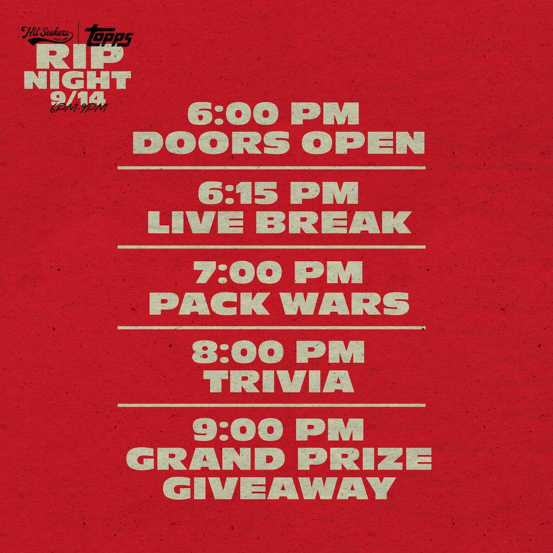 Hit_Seekers's tweet photo. Topps Hobby Rip Night is exactly 24 hours away! Stop by between 6-9pm for giveaways every 30 minutes, live breaks, pack wars, trivia &amp; more! PLUS you can enter to win an Elly De La Cruz signed jersey! First 100 guests will receive a goodie bag with some surprises!

#ToppsRipNight https://t.co/MhZJIWOa21