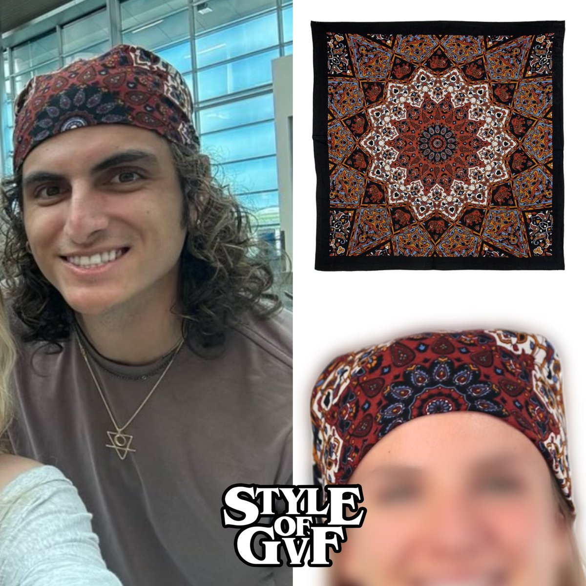StyleofGVF's tweet photo. Danny wears the India Star Bandana in Blue from Sunshine Joy (available via Amazon: $9.99) (link will be on my IG story) https://t.co/PvlcoLCdNz