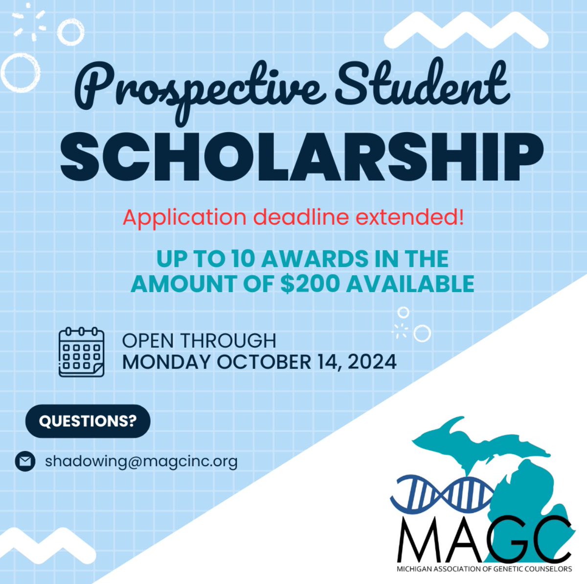 MichiganGC's tweet photo. Up to 10 scholarships in the amount of $200 will be awarded for prospective genetic counseling students residing in the state of Michigan to assist in reimbursement of genetic counseling training program application costs. https://t.co/yyRlylonT3