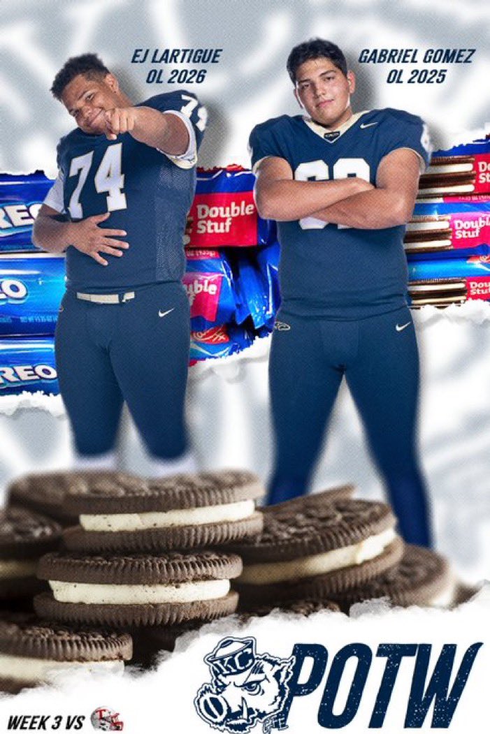 KC_HAWGS's tweet photo. KC HAWG(S) of the Week vs Tomball was our 1st ever tie! @eddielartigueJr and @gomezgabe62 Lead the HAWGS with 7 violent knockdowns, Zero sacks allowed and Graded out the highest! They both played all night with great HAWG effort! #GFE #WCV #BTB #TigerPride @coachjpalmer67 @Coach_RBradshaw @KCTigerFootball