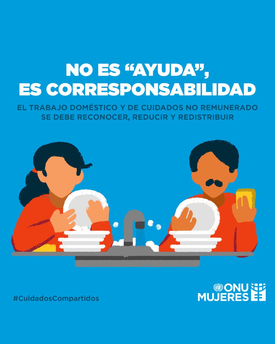 Debemos normalizar la responsabilidad compartida en las tareas del hogar.

De lo contrario, para 2050, las mujeres seguirán dedicando 2,3 horas diarias más que los hombres al trabajo doméstico y no remunerado.

Las tareas del hogar no tienen género.

🎨: <a href="/ONUMujeres/">ONU Mujeres</a>
