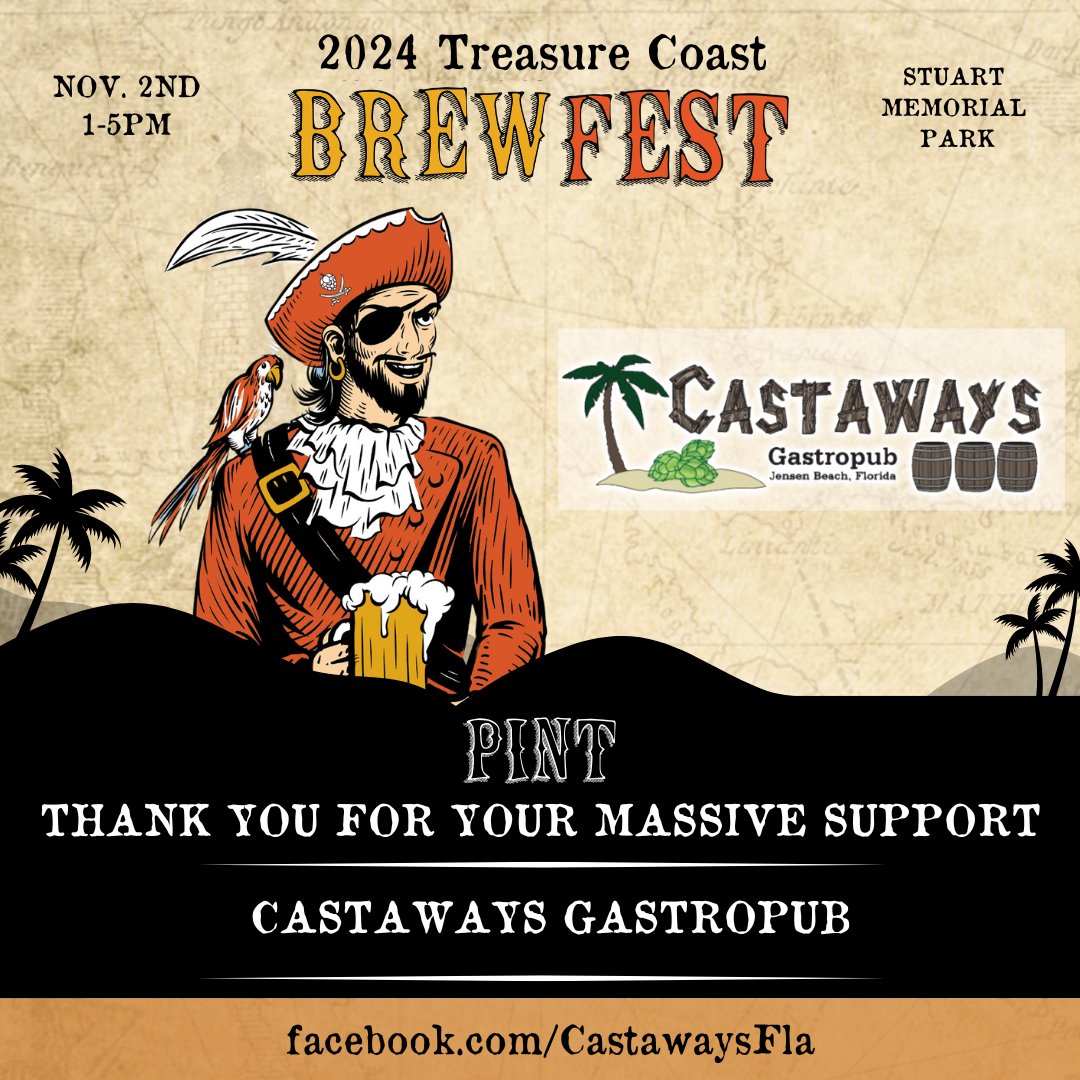 brew_tc's tweet photo. Big thanks to Castaways Gastropub for returning as a Pint Level Sponsor this year! 🍻🙌 We appreciate your support so much. 🎉 Swing by for a $5 discount card to the Treasure Coast Brew Fest 2024 on Nov 2! 🎟️ #PintLevelSponsor #EatLocal #TCBF2024 https://t.co/0wWGi29AIv