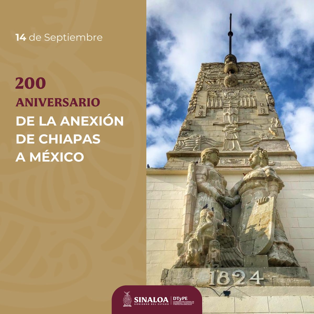 DigitalCdt21's tweet photo. ¡Celebremos juntos el bicentenario de la unión de Chiapas a México!🇲🇽 Dos siglos de historia que nos unen en diversidad, tradición y orgullo. ¡Viva Chiapas, viva México! 🙌#IncorporaciónDeChiapas #México #200años #Cgdtype https://t.co/hszx7eP7F9