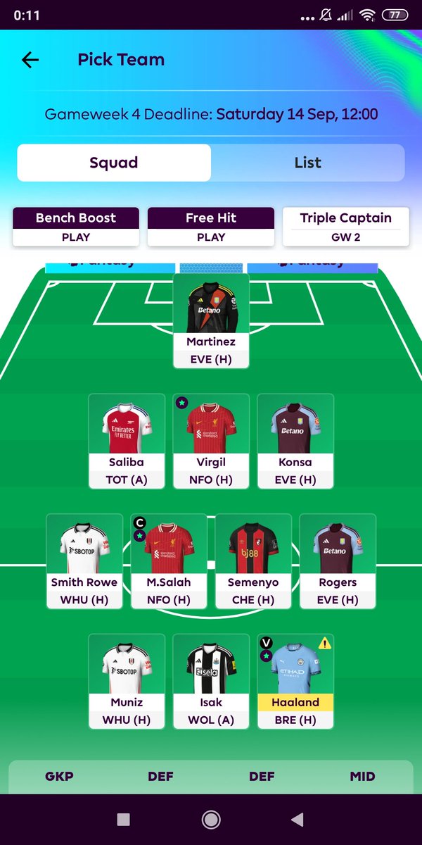 📢 This is my team for #GW4 for #FPL
 #PremierLeague ⚽

🟣Come on Villa  x3 gk+def +mid
⚫⚪Hoping for exciting win at Craven Cottage 
🇪🇬Salah- Captain 🔝
🇳🇴Haaland ❓❓

Lets do this ! #FPLCommunity 🍾