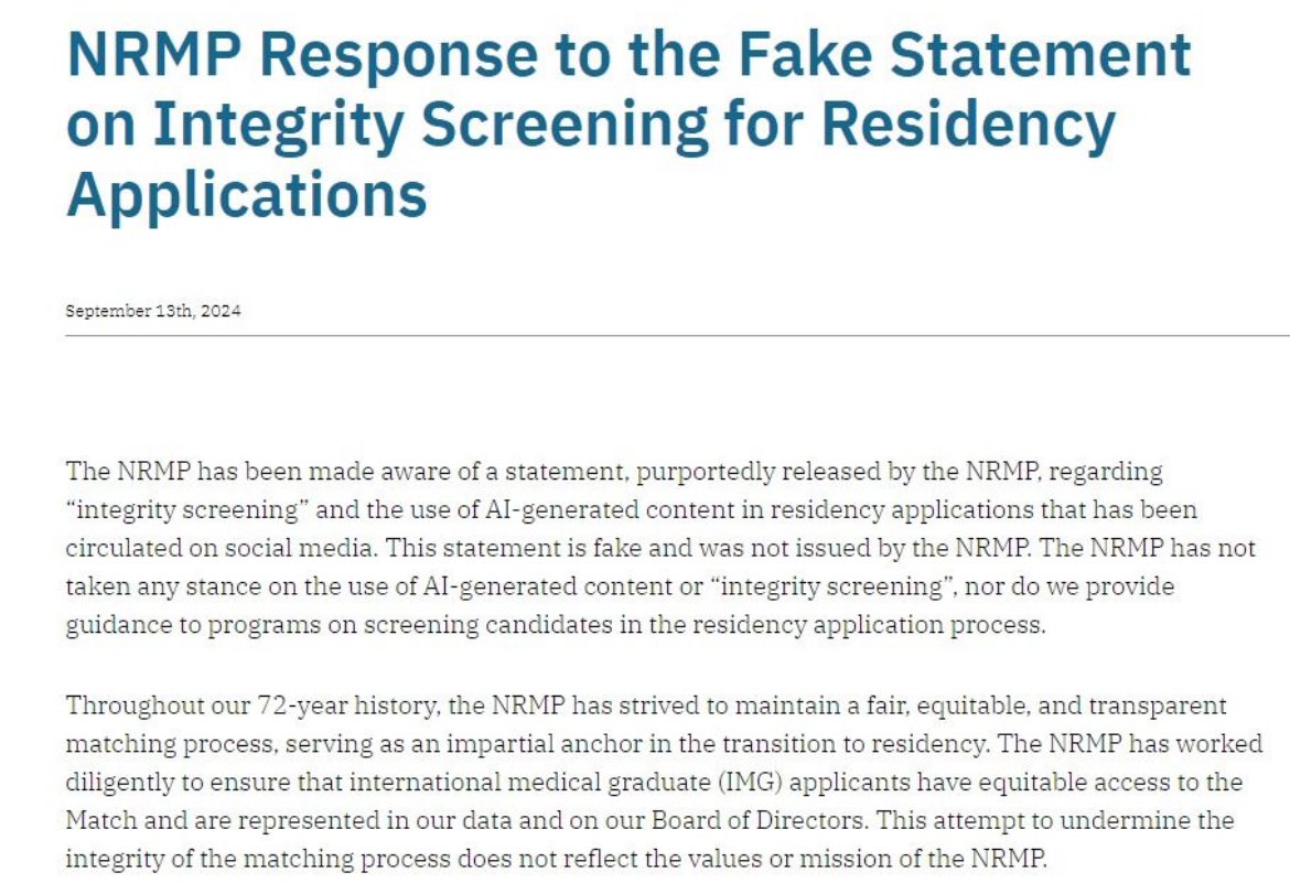 ‼️ Official statement by  <a href="/TheNRMP/">NRMP®</a> regarding the circulating document ‼️

Read it here: nrmp.org/about/news/202…