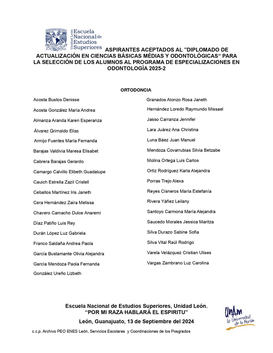 ENESUNAMLEON's tweet photo. 👉A continuación compartimos la lista de:
ASPIRANTES ACEPTADOS AL ”DIPLOMADO DE ACTUALIZACIÓN EN CIENCIAS BÁSICAS MÉDIAS Y ODONTOLÓGICAS“ PARA LA SELECCIÓN DE LOS ALUMNOS AL PROGRAMA DE ESPECIALIZACIONES EN ODONTOLOGÍA 2025-2
#PEOS #LaUNAMenLeón 💙💛 https://t.co/Ra7ri0VtP7