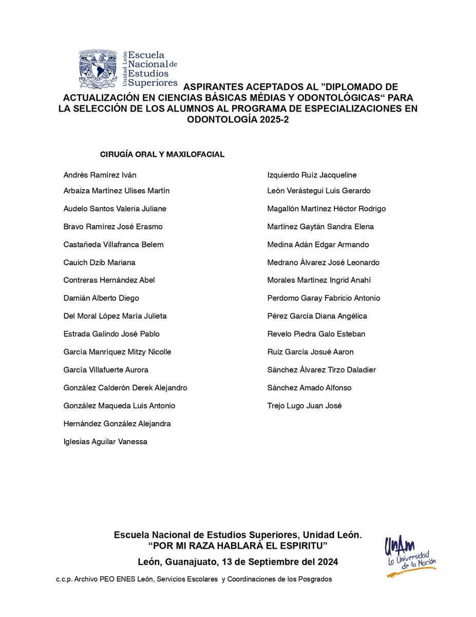 ENESUNAMLEON's tweet photo. 👉A continuación compartimos la lista de:
ASPIRANTES ACEPTADOS AL ”DIPLOMADO DE ACTUALIZACIÓN EN CIENCIAS BÁSICAS MÉDIAS Y ODONTOLÓGICAS“ PARA LA SELECCIÓN DE LOS ALUMNOS AL PROGRAMA DE ESPECIALIZACIONES EN ODONTOLOGÍA 2025-2
#PEOS #LaUNAMenLeón 💙💛 https://t.co/Ra7ri0VtP7