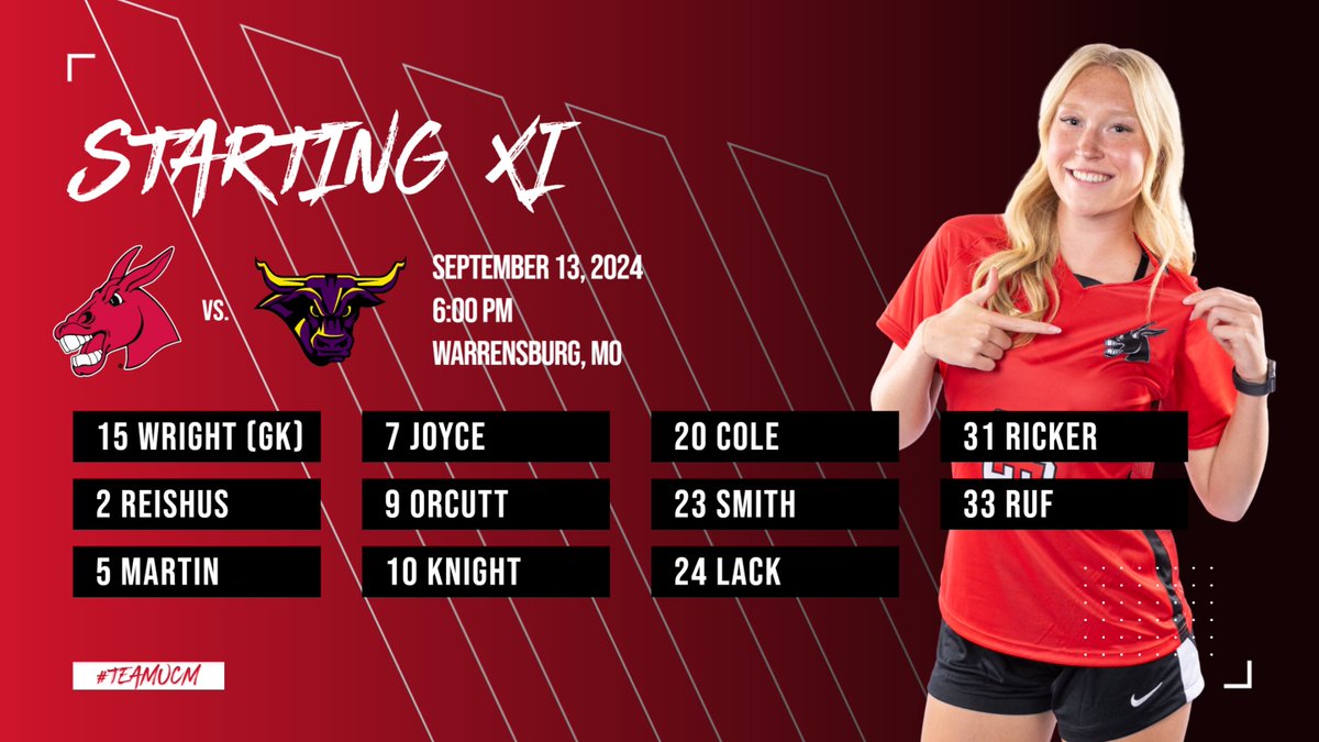 Our Starting XI for tonight's match vs. No. 15 Minnesota State.

6 p.m. kick from South Rec.

Watch LIVE at TheMIAANetwork.com/UCMMULES (PPV)!

#teamUCM