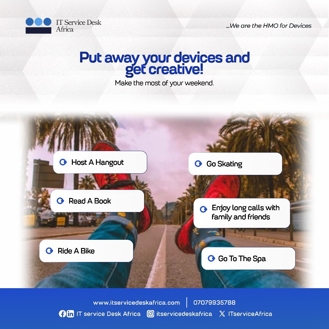 ITServiceAfrica's tweet photo. Put away your devices and get creative! You need a break from the screens for your device health and for your own health sake. 😉
#TGIF #TechGroove #ITServicesDeskAfrica #ITSupport #LaptopRepairs #ProcessAutomation #ArtificialIntelligence #BusinessProductivy https://t.co/TUYjfAC73D