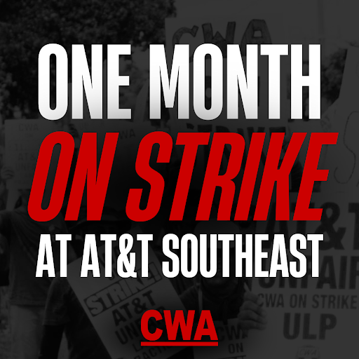 tnaflcio's tweet photo. As more than 17K @CWAUnion members employed by AT&amp;T Southeast mark one month of their strike, our continued solidarity with them is needed now more than ever.

To make a contribution to the Members' Relief Fund, follow this link: https://t.co/5pByNkQUsc #ATTStrike #CWAStrong https://t.co/zjP6eimGBc