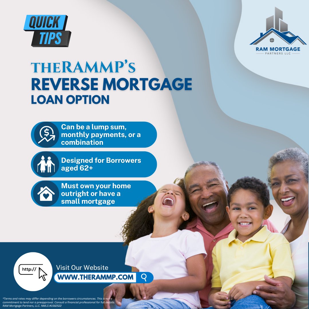 RAMMortgage's tweet photo. Unlock the equity in your home to enjoy a more comfortable retirement! 🏡💰 Reverse mortgages offer tax-free cash flow for those 62 and older. Learn more with theRAMMP! https://t.co/vCf4rSgbJq

#reversemortgage #retirementplanning #financialfreedom

NMLS #1582522 https://t.co/xGWnhLew0Z