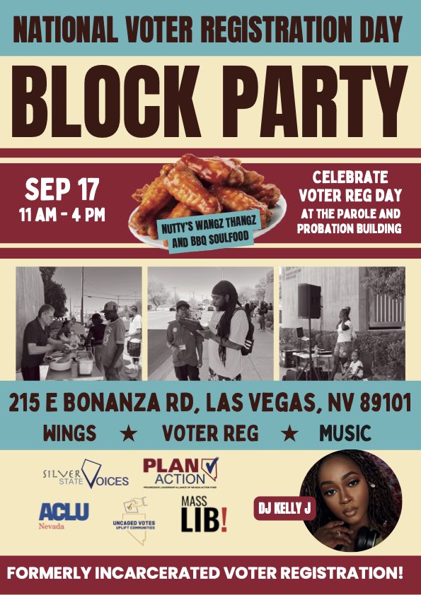 NvRights's tweet photo. Tuesday, September 17 is National Voter Registration Day! Join us and our partners at Parole and Probation for our 3rd Annual Block Party! We will have free food, music, voter registration and @ACLUNV will be there to answer any election questions! #NVRD2024 https://t.co/FD58uQQc1s