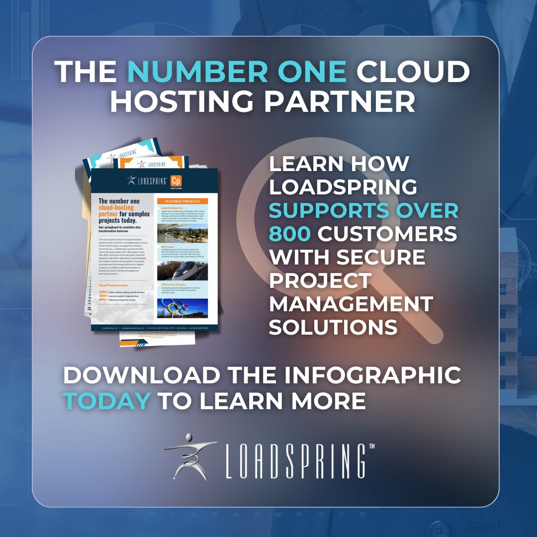 LoadSpring's tweet image. Discover LoadSpring’s cloud-hosted project management infographic showcasing support for 800+ customers and 200+ applications globally. Key projects: Apple HQ, HS2 railway, and 2012 London Olympics. Benefits: 200% faster deployment, 400% improved support. #LoadSpring #Innovation