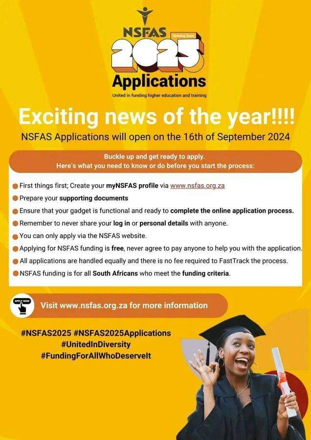 CarolBoitumelo1's tweet photo. NSFAS 2025 Applications

NSFAS Applications will open on the 16 of September 2024

Visit https://t.co/W7oeR5G73Y for more information https://t.co/kiJV1ZjxO3