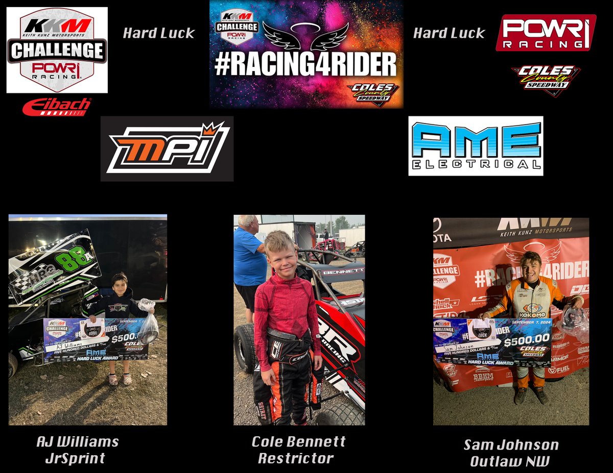 Hard Luck awards at #Racing4Rider #KKMChallenge at Coles County Speedway.
$500 from A.M.E Electrical Contracting, Inc. <a href="/AMEelectric/">AME Electrical Contracting</a> 
New Steering Wheel + Trophy from MPI - Max Papis Innovations <a href="/MPI_INNOVATIONS/">MPI</a>