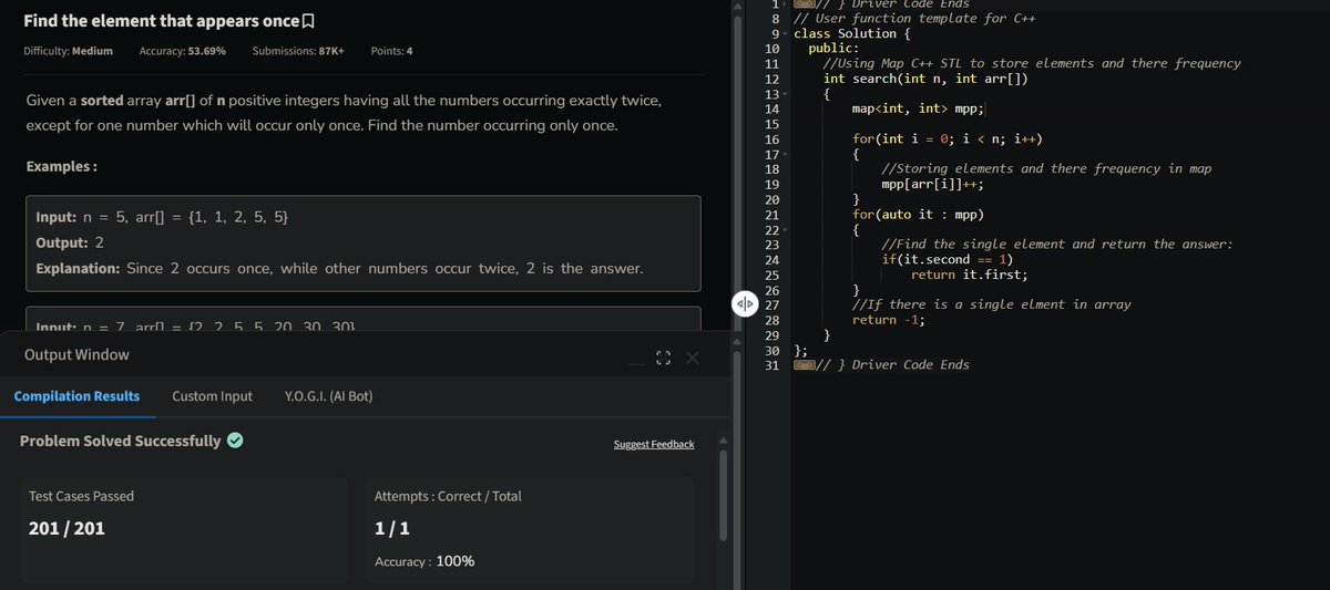 shivanshh02's tweet image. 🚀 Day 13/100 of #100DaysOfCode
Solved: Single Number (LeetCode 136 + GFG)
#StriverA2ZDSA #GeeksforGeeks #LeetCode