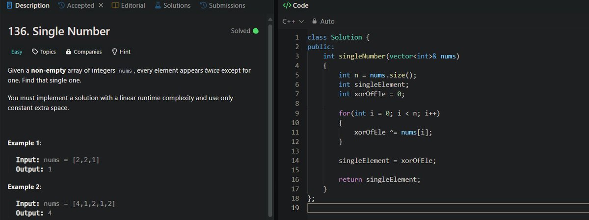 shivanshh02's tweet image. 🚀 Day 13/100 of #100DaysOfCode
Solved: Single Number (LeetCode 136 + GFG)
#StriverA2ZDSA #GeeksforGeeks #LeetCode
