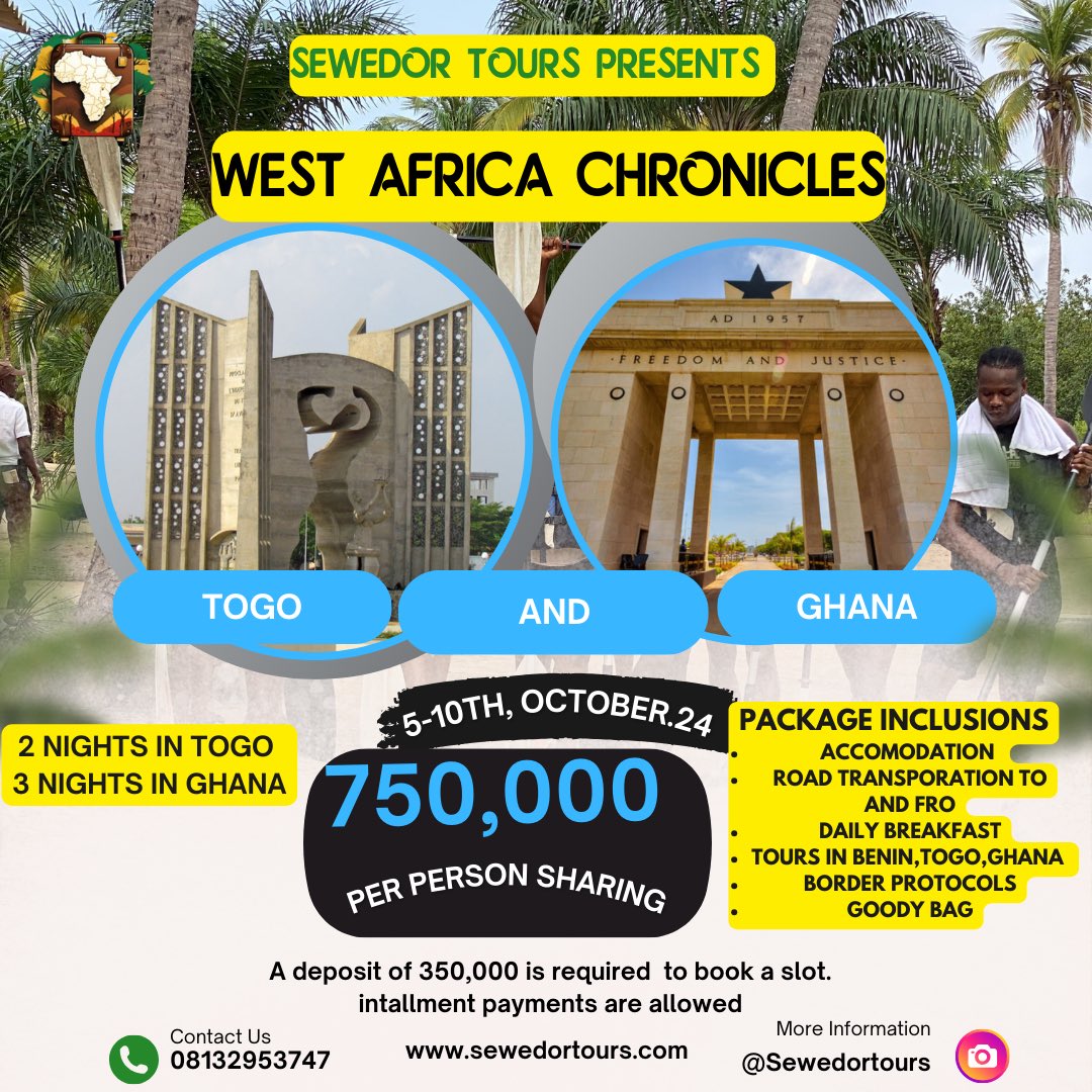SewedorTours's tweet photo. What are you waiting for ? 

Benin-Togo and Ghana Experience!

Explore three vibrant countries filled with culture, history, and unforgettable memories. This tour is packed with exciting destinations. 
@Mautiin01  @_callmebekky @bashir_ashura @athogun 
#Westafrica #sewedortours https://t.co/WLgwkZtkDm