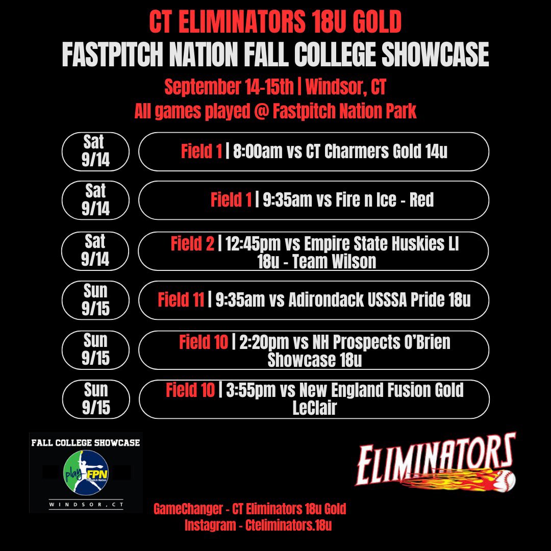 This weekend I will be playing in the FPN Fall College Showcase. Here are the times and field numbers.