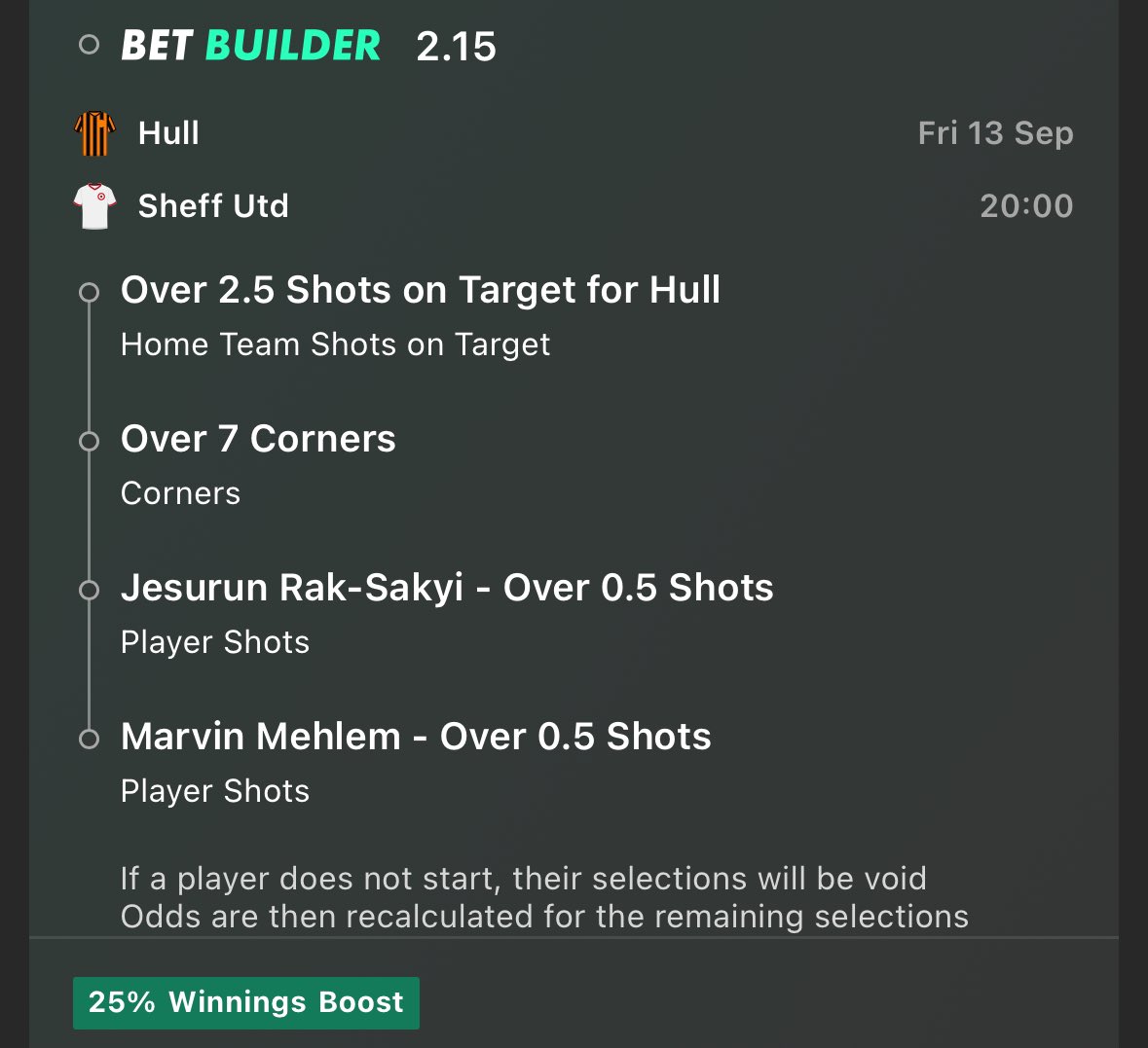 Hull v Sheffield United Bet Builder ⚽️

Proper footy is back and so are we with another winner. Let’s get it boys. 👊

Odds 2.15 📊