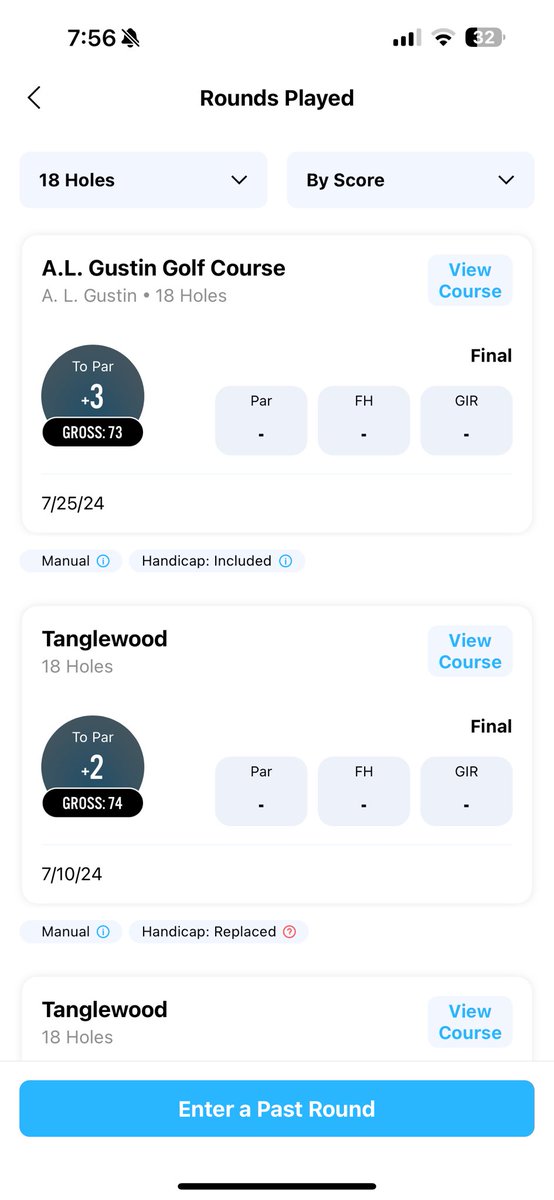 11JustinCase11's tweet photo. Been having a good year for golf with lots of progression. 

Updated handicap progression:

2022- 20
Early 2023- 15
Late 2023- 10
Early 2024- 8
Past 20 rounds- 3
2024 average-5

18 Average score-77 +5
Best score-74 +2

9 hole average score-38 +2
Best score-35 -1 https://t.co/ZO51BVInFc