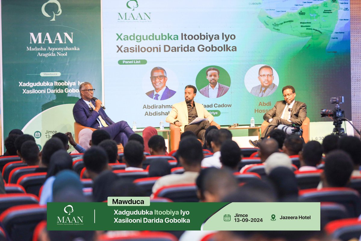 MAAN_HQ's tweet photo. .@MAAN_HQ is currently hosting a forum titled "Ethiopia’s Aggression and Regional Instability," featuring an insightful discussion with Wadajir Party Leader MP Abdirahman Abdishakur Warsame and former Minister of Public Works, Mr. Abdi Aden Hosow. #MAANMajlis https://t.co/CqGuckjJaf