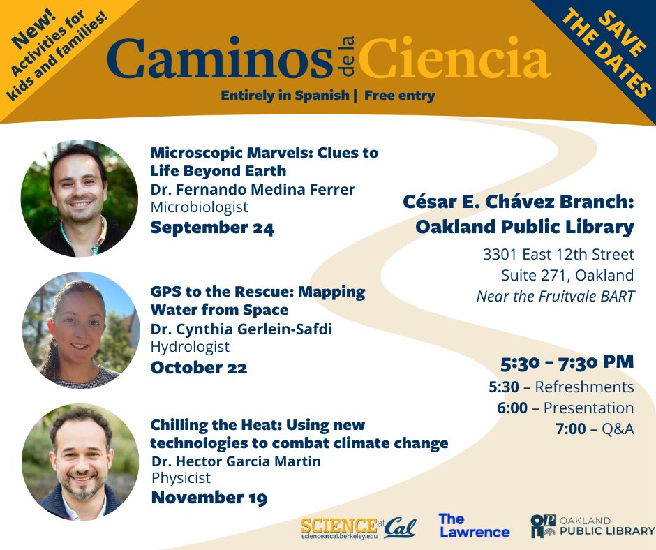 Oakland Public Library (@oaklibrary) on Twitter photo Caminos de la Ciencia engages <a href="/UCBerkeley/">UC Berkeley</a> scientists with the Spanish-speaking community, to share the excitement & relevance of scientific research. Lectures are in Spanish & hosted at the César E. Chávez branch in partnership with <a href="/ScienceAtCal/">Science at Cal</a>.
oaklandlibrary.bibliocommons.com/events/66a2b65… Caminos de la Ciencia engages <a href="/UCBerkeley/">UC Berkeley</a> scientists with the Spanish-speaking community, to share the excitement & relevance of scientific research. Lectures are in Spanish & hosted at the César E. Chávez branch in partnership with <a href="/ScienceAtCal/">Science at Cal</a>.
oaklandlibrary.bibliocommons.com/events/66a2b65…