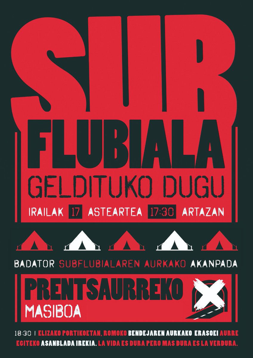 Datorren asteartean prentsaurrekoa egingo dugu Artazan akanpada iragartzeko.
Erdu zu be bai babesa ematera!

El martes que viene vamos a hacer una rueda de prensa en Artaza para anunciar la acampada.
Acércate tú también a mostrar tu apoyo.