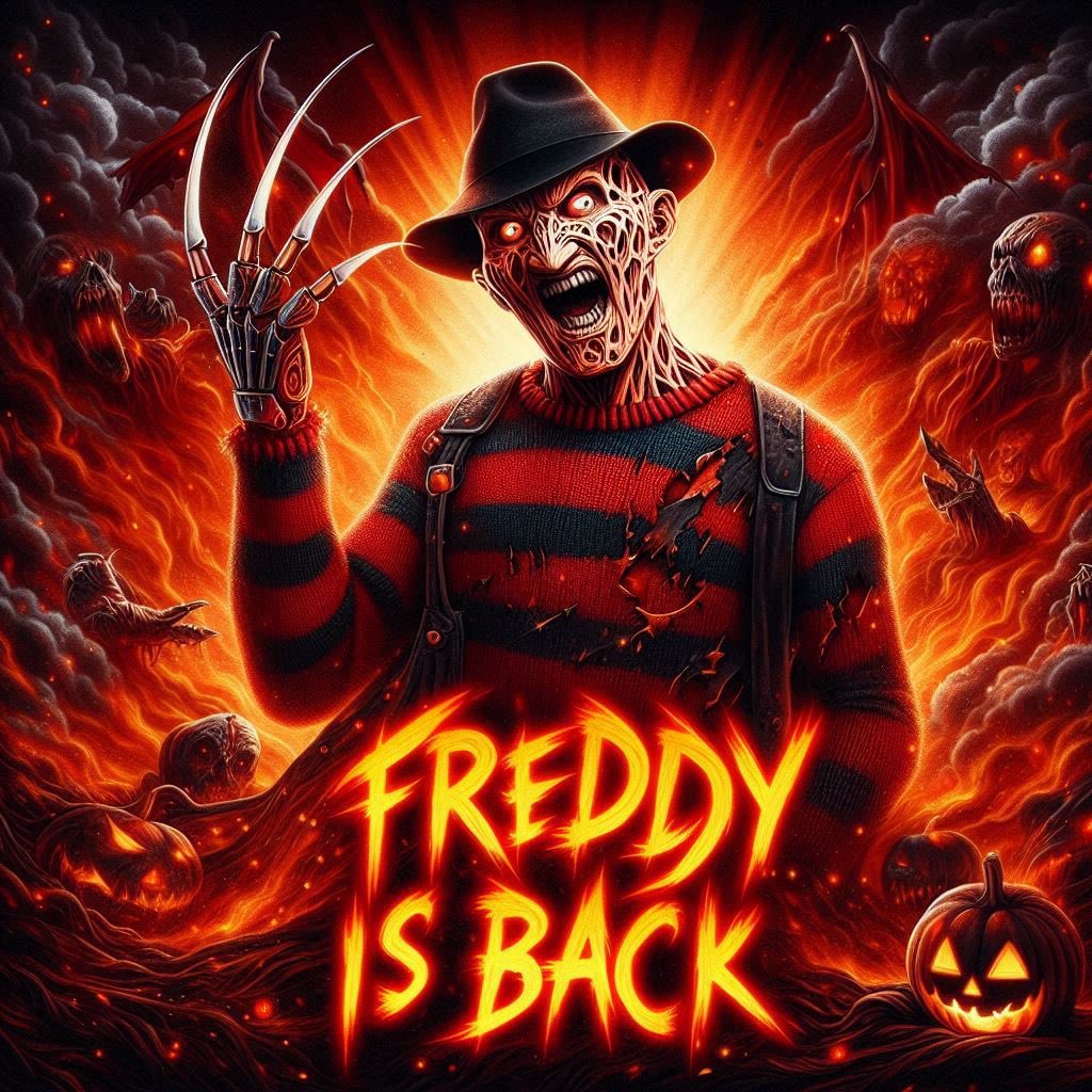Gom33z83's tweet photo. Freddy ist Zurück💪🏻😎
digital painting hyper realism Freddy Kruger (nightmare on Elm street movie) with the text “Freddy is back” spelled correctly, Halloween font, haunting background with a Hell. highly detailed, 8K, #HorrorArt #freddykrüger #nightmare #kino #AIart #ai https://t.co/u2MNPPG14q