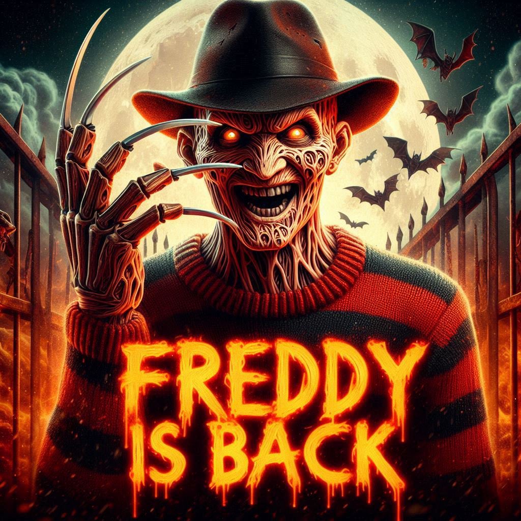 Gom33z83's tweet photo. Freddy ist Zurück💪🏻😎
digital painting hyper realism Freddy Kruger (nightmare on Elm street movie) with the text “Freddy is back” spelled correctly, Halloween font, haunting background with a Hell. highly detailed, 8K, #HorrorArt #freddykrüger #nightmare #kino #AIart #ai https://t.co/u2MNPPG14q