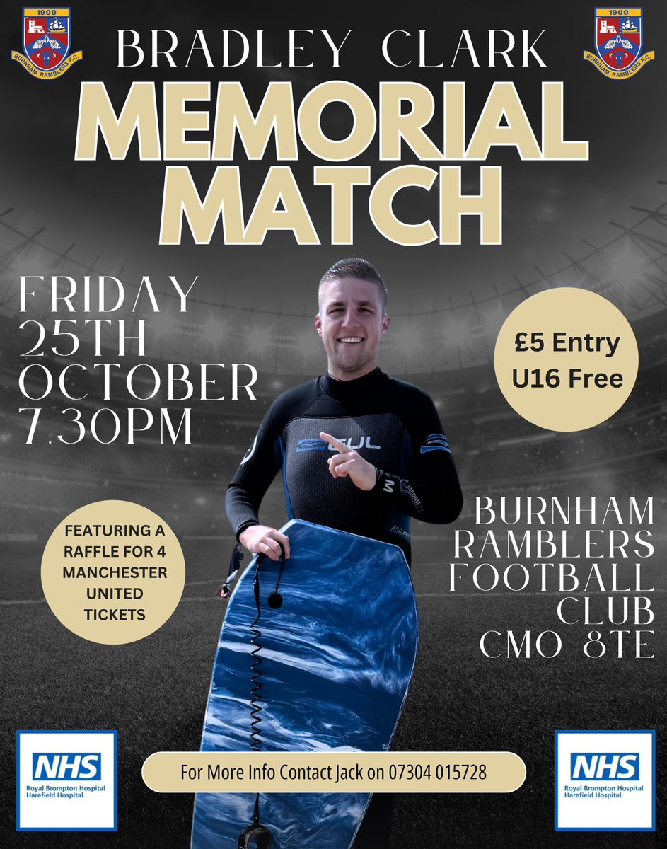 Burnham Ramblers are honored to host the Bradley Clark Memorial Match on Friday 25th October at 7.30pm. 

We’ll be coming together to celebrate the life of Bradley and raise money for the Royal Brompton Hospital. 
Let’s make this a special event in honor of Bradley ⚽️🔵🌑