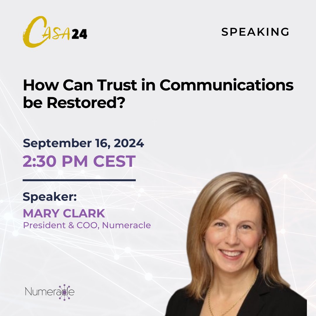 NumeracleInc's tweet image. Are you attending CASA &apos;24 in Amsterdam next week? Join Mary Clark, President and COO of Numeracle, for a panel discussion, &quot;How Can Trust in Communications Be Restored?&quot;

Learn more: hubs.li/Q02PS-8g0 #CPaaSAA #CASA24 #trust #identity