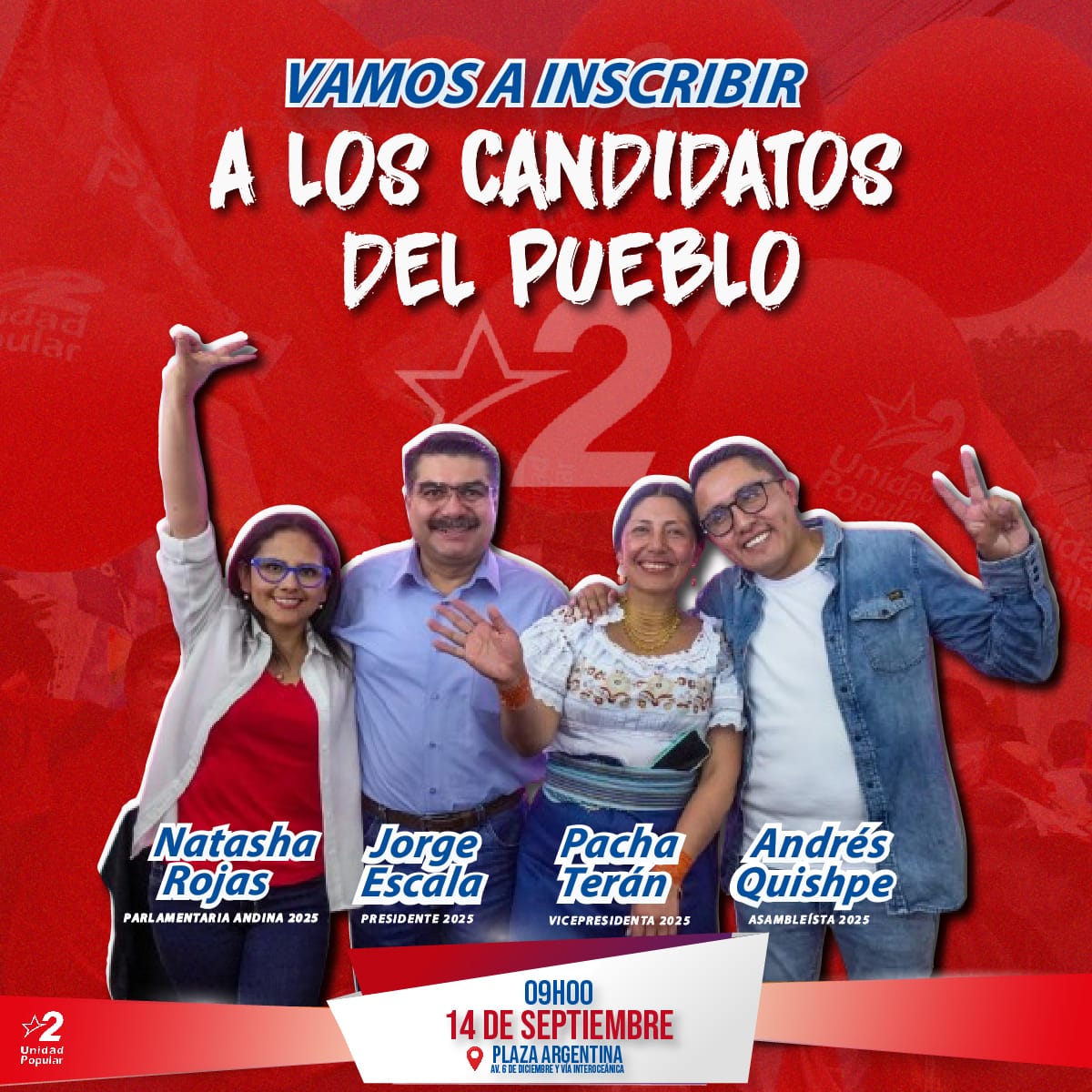 UnidadPopularE's tweet photo. #Vamos a #Inscribir al los candidatos del pueblo. @EscalaJorge Presidente @pachateran Vicepresidenta @VAndresQuishpe Asambleísta @NatashaRojasUIO Parlamentaria Andina. Es la hora del pueblo https://t.co/KIWFBdOxLR